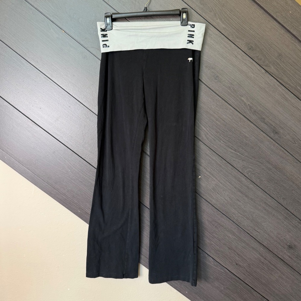 Victoria's Secret PINK Fold Over Yoga Flare Pants Sequined Logo Black Medium